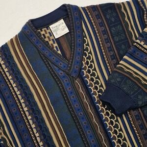 Toorallie Sweater Mens L Blue Brown Merino Wool 3D Knit V Neck‎ Vintage Coogi